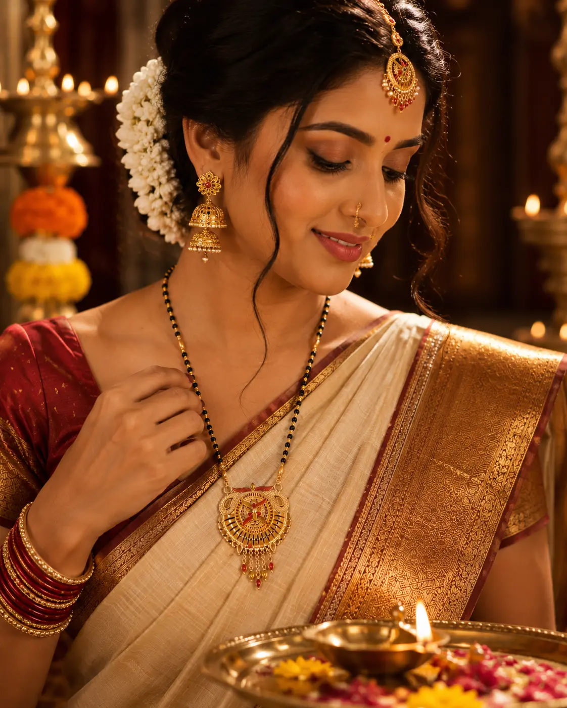 Traditional Gold Plated Black Beads Mangalsutra with Antique Designer Pendant for Women