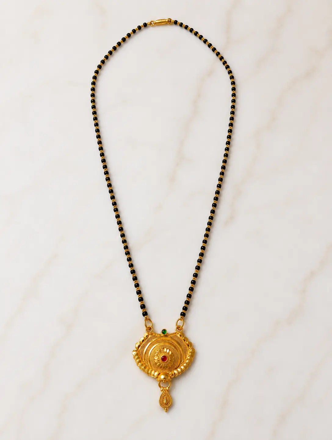 Traditional Gold Plated Black Beads Mangalsutra with Antique Designer Pendant for Women