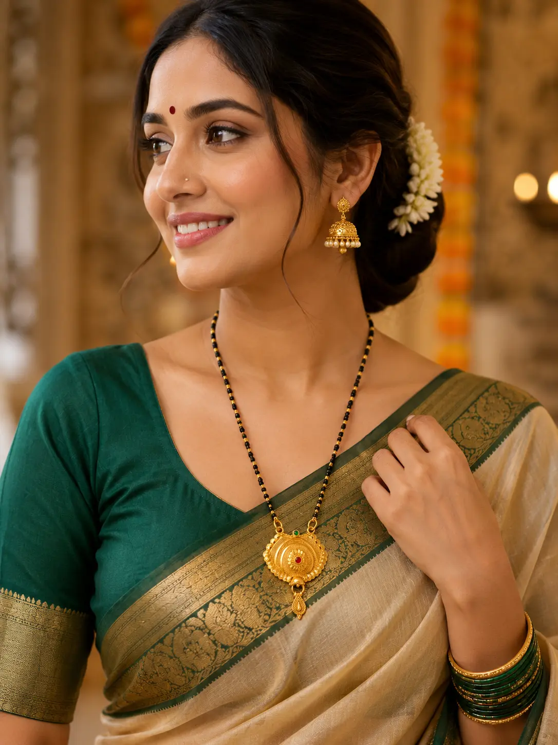 Traditional Gold Plated Black Beads Mangalsutra with Antique Designer Pendant for Women