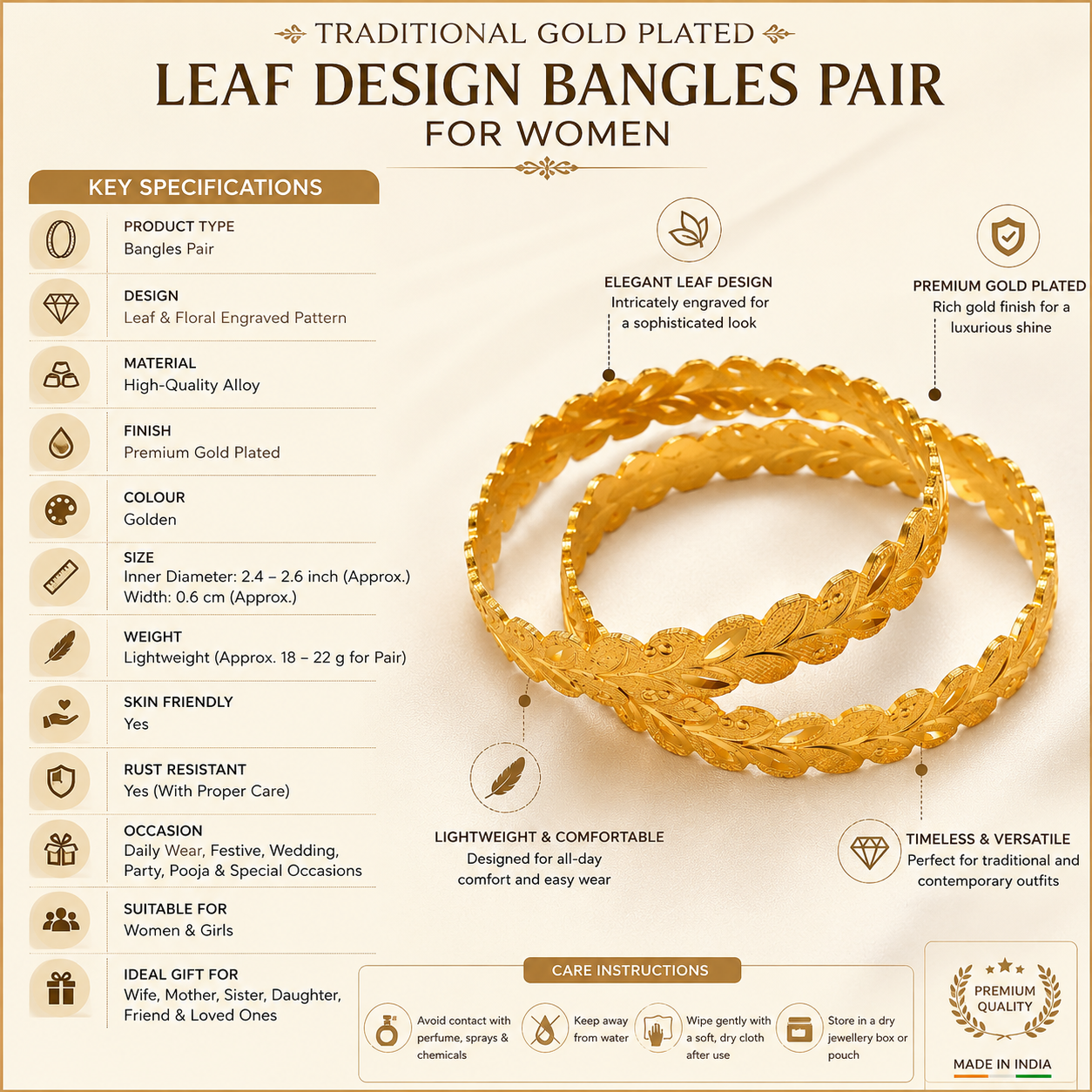Traditional Gold Plated Leaf Design Bangles