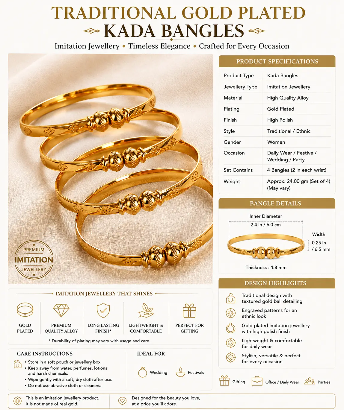 Traditional Gold Plated Designer Daily Wear Kada Bangles Set for Women (Pack of 4)