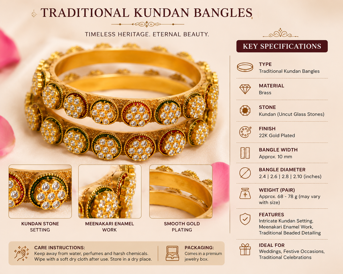 Gold Plated Traditional Kundan Meenakari Bangles Set for Women