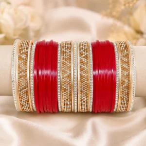 Traditional Red Suhaag Chura Set with Gold Plated Kundan & Stone Work for Women