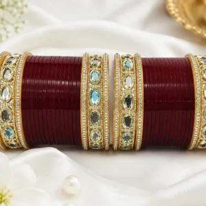 Maroon bridal chura set with gold plated stone bangles for women, traditional Indian wedding and festive imitation jewellery.