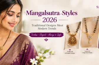 Woman in a purple silk saree wearing a mangalsutra, next to a banner reading "Mangalsutra Styles 2026 – Traditional Designs Meet Modern Trends" from Saavra