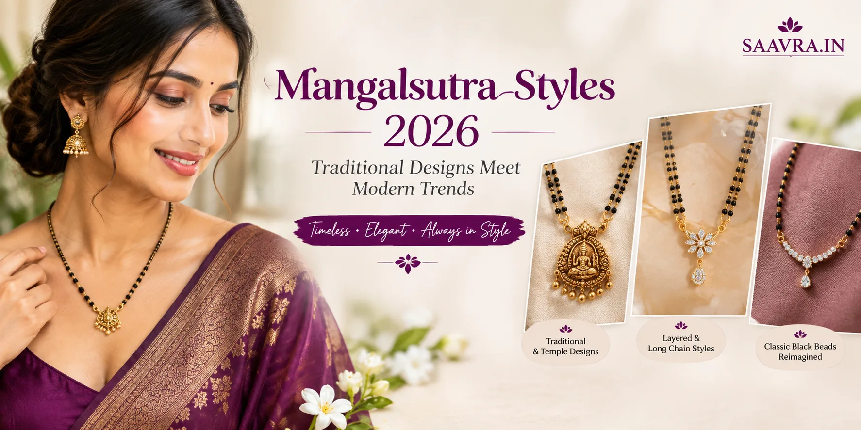 Woman in a purple silk saree wearing a mangalsutra, next to a banner reading "Mangalsutra Styles 2026 – Traditional Designs Meet Modern Trends" from Saavra