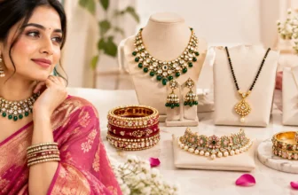 Beautiful imitation jewellery collection featuring Kundan necklace, Jhumkas, bangles, mangalsutra and traditional jewellery with an Indian woman