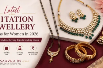 Latest imitation jewellery designs for women in 2026 featuring Kundan necklace, mangalsutra, earrings and bangles with trending style and buying tips from SAAVRA.IN.