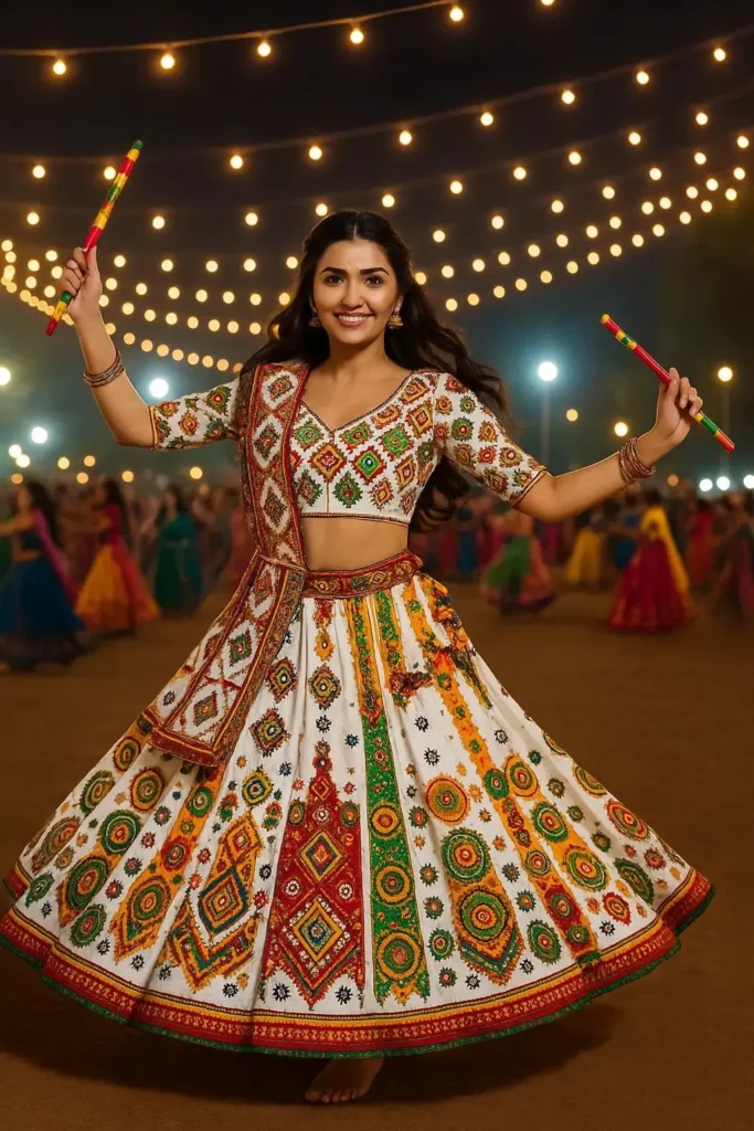 Indian woman in traditional festive outfit with imitation jewellery for Navratri and Diwali celebrations