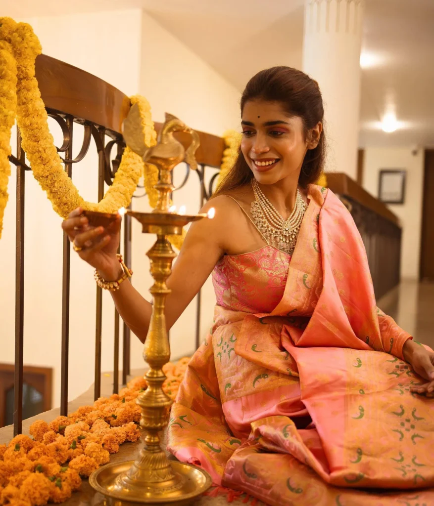 Indian woman in traditional festive outfit with imitation jewellery for Navratri and Diwali celebrations