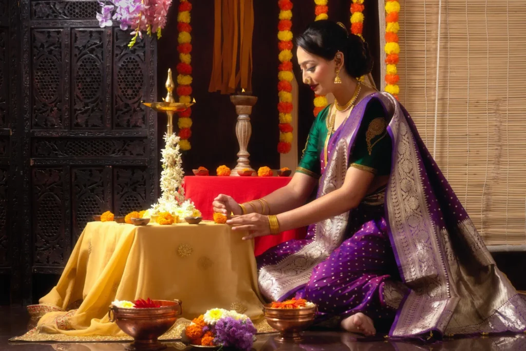 Indian woman in traditional festive outfit with imitation jewellery for Navratri and Diwali celebrations