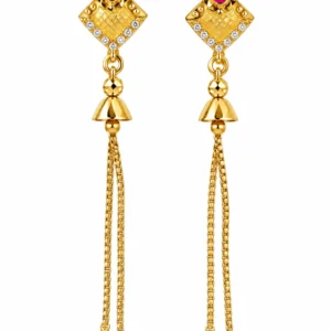 Gold plated long jhumka earrings for women with red stone, white stone work and golden chain tassels