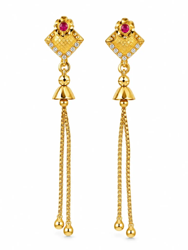 Gold plated long jhumka earrings for women with red stone, white stone work and golden chain tassels