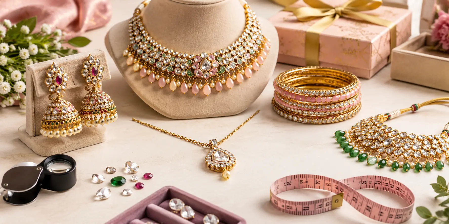 Artificial jewellery buying guide with Kundan necklace, Jhumkas, bangles and jewellery accessories