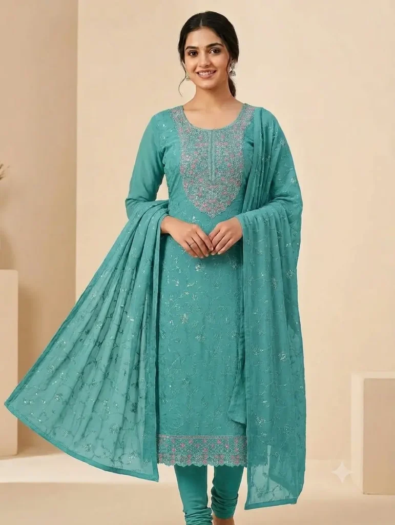 Sea Green Embroidered Suit Set with Pink Floral Work and Matching Bottom Fabric