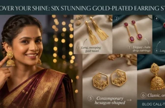 An Indian woman in a rich maroon silk saree holding an intricate gold jhumka earring, with decorative gold jhumka displays and ambient festive lighting in the background.