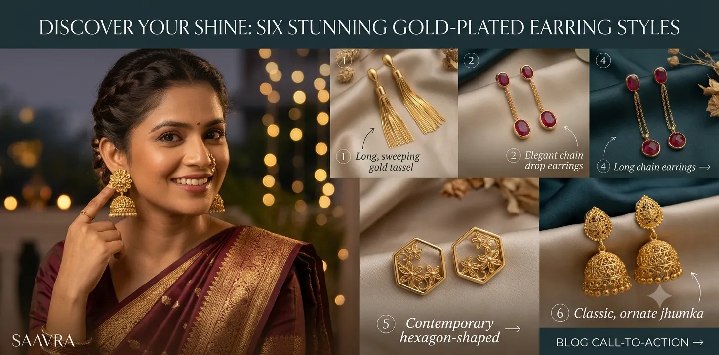 An Indian woman in a rich maroon silk saree holding an intricate gold jhumka earring, with decorative gold jhumka displays and ambient festive lighting in the background.