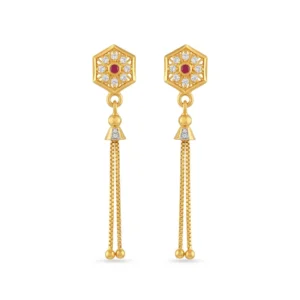 Gold plated hexagon floral stud earrings with ruby red center, sparkling CZ diamonds, and long hanging chain tassels on a clean white background.