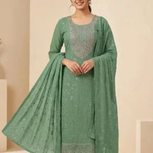 Sage Green Embroidered Suit Set with Pink Floral Work and Matching Bottom Fabric
