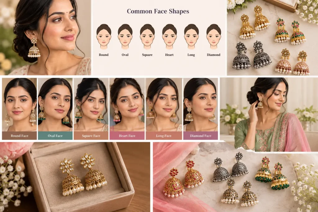 Indian woman wearing traditional gold-toned jhumka earrings with pearl detailing, styled with an elegant embroidered outfit.