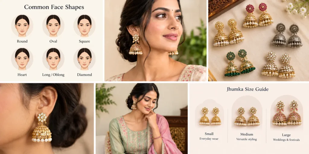 Jhumka earrings guide showing six common face shapes, traditional jhumka designs, an Indian woman wearing gold-toned jhumkas, and small, medium, and large earring sizes.
