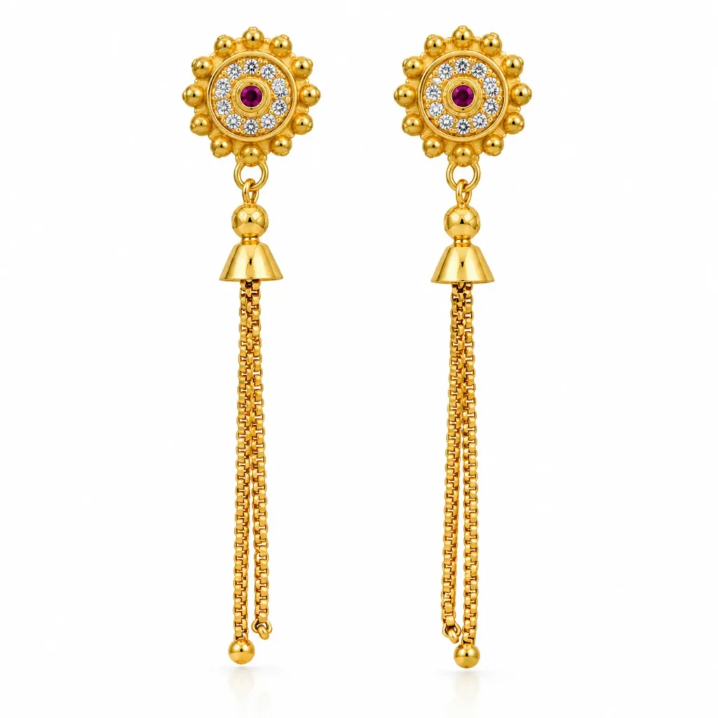 Gold plated ruby red stone long chain drop earrings for women with white stone detailing and traditional design