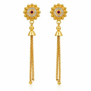 Gold plated ruby red stone long chain drop earrings for women with white stone detailing and traditional design