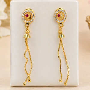 Gold plated long chain tassel earrings with red stone and AD stone work