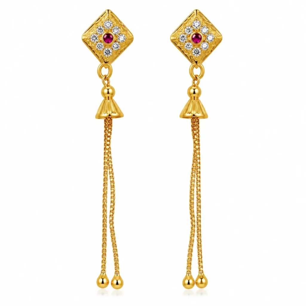 Gold plated ruby red stone long chain drop earrings for women