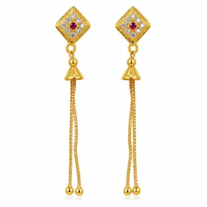 Gold plated ruby red stone long chain drop earrings for women