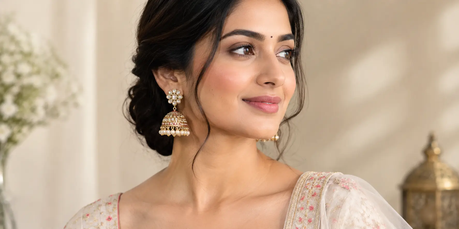 Indian woman wearing traditional gold-toned jhumka earrings with pearl detailing, styled with an elegant embroidered outfit.
