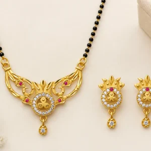 Gold plated mangalsutra with matching earrings for women featuring black beads and decorative pendant