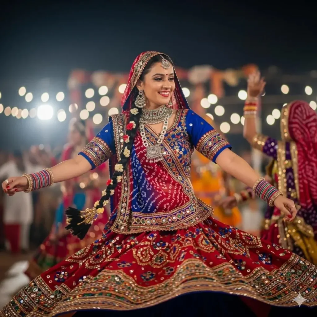 Indian woman in traditional festive outfit with imitation jewellery for Navratri and Diwali celebrations