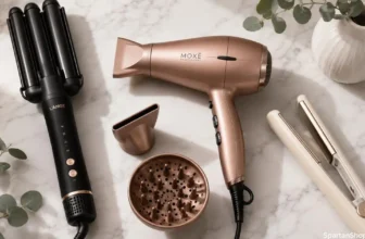 Hair styling tools including a hair dryer, straightener, curling iron and hot-air brush.
