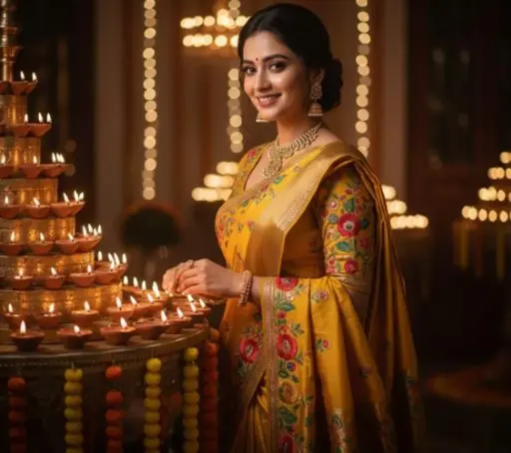 Indian woman in traditional festive outfit with imitation jewellery for Navratri and Diwali celebrations