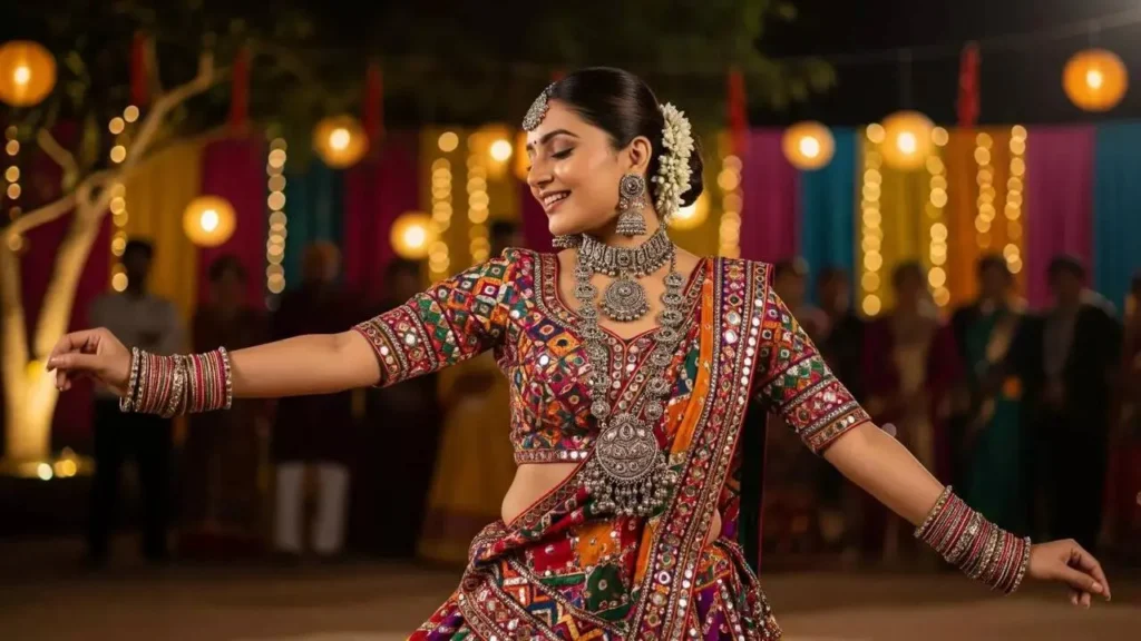 Indian woman in traditional festive outfit with imitation jewellery for Navratri and Diwali celebrations