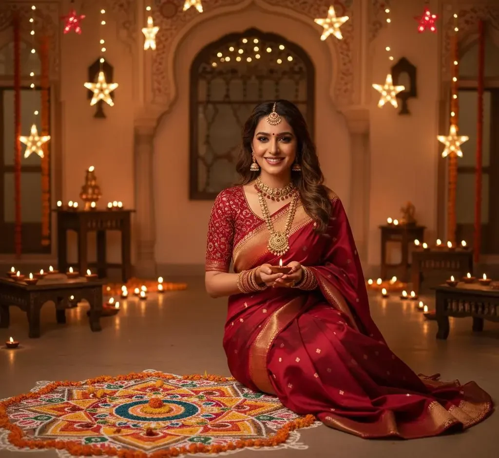 Indian woman in traditional festive outfit with imitation jewellery for Navratri and Diwali celebrations