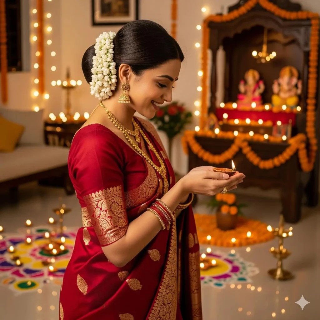Indian woman in traditional festive outfit with imitation jewellery for Navratri and Diwali celebrations