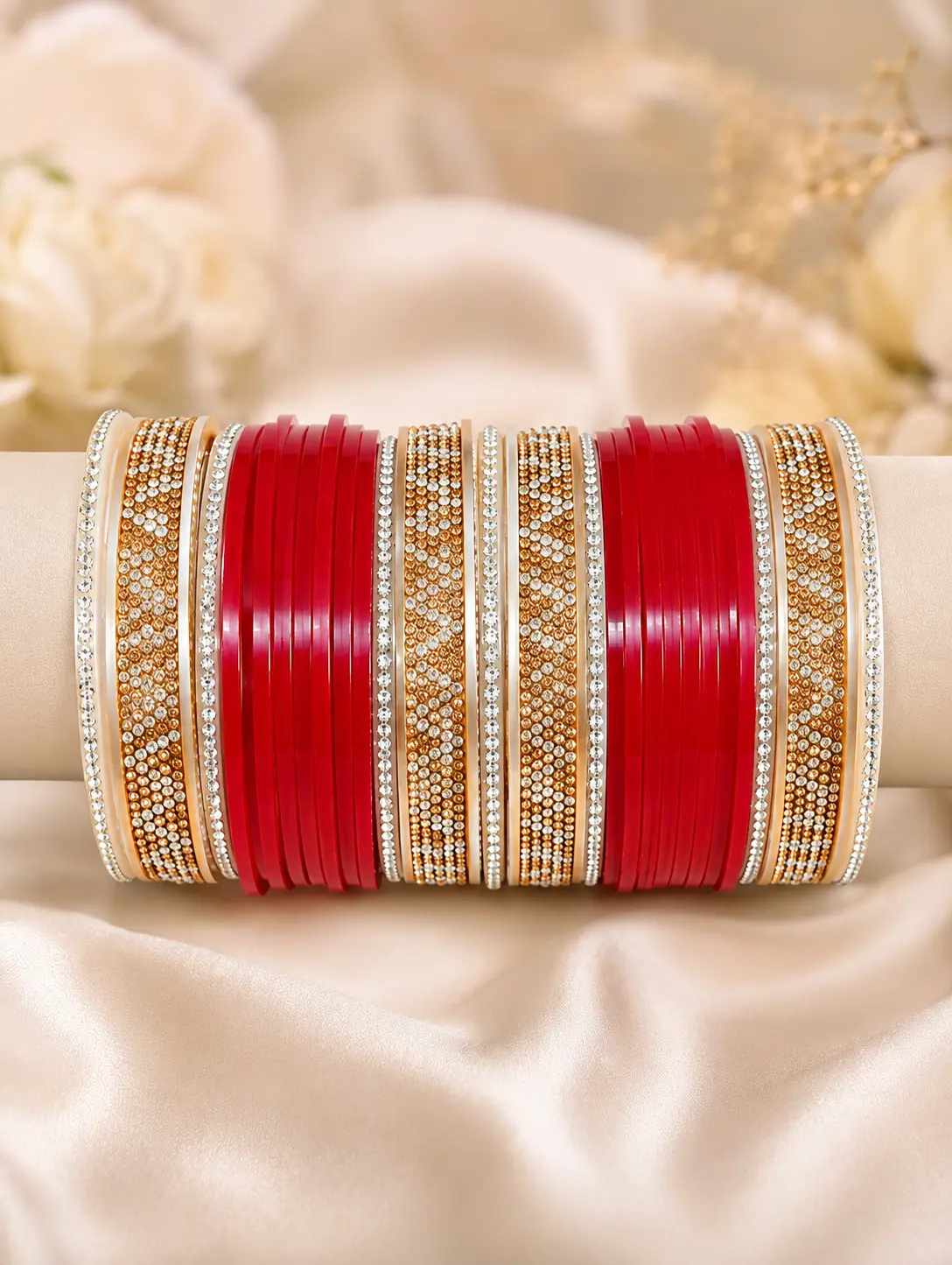 Traditional Red Suhaag Chura Set with Gold Plated Kundan & Stone Work for Women