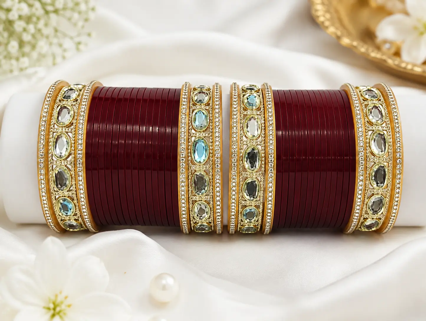 Maroon Bridal Chura Set with Gold Plated Stone Bangles for Women