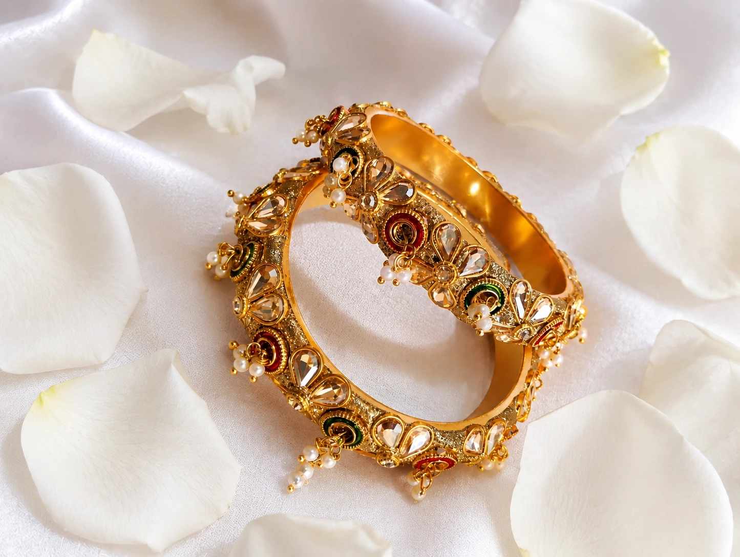 Gold Plated Traditional Kundan Meenakari Bangles for Women with Pearl Drops | Bridal Wedding Jewellery