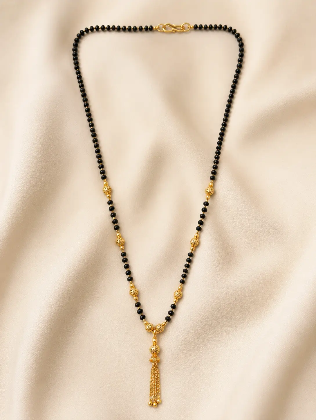 Gold Plated Traditional Black Beads Mangalsutra for Women with Designer Tassel Pendant