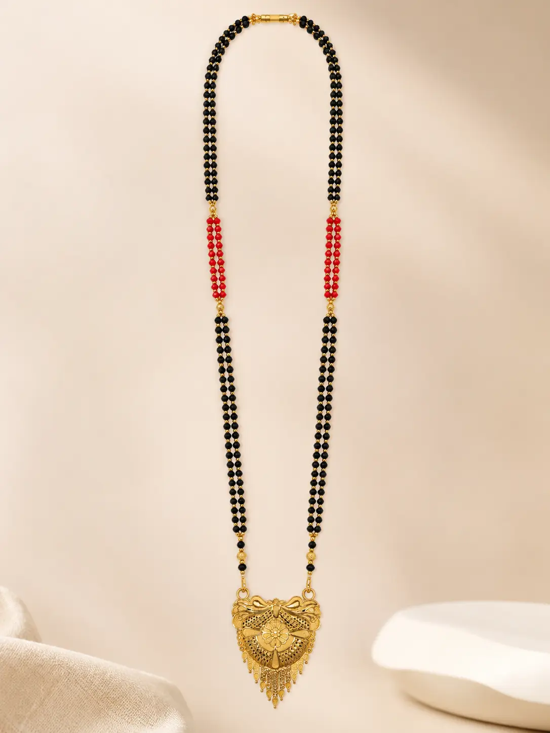 Gold Plated Traditional Black Beads Mangalsutra for Women with Designer Floral Pendant