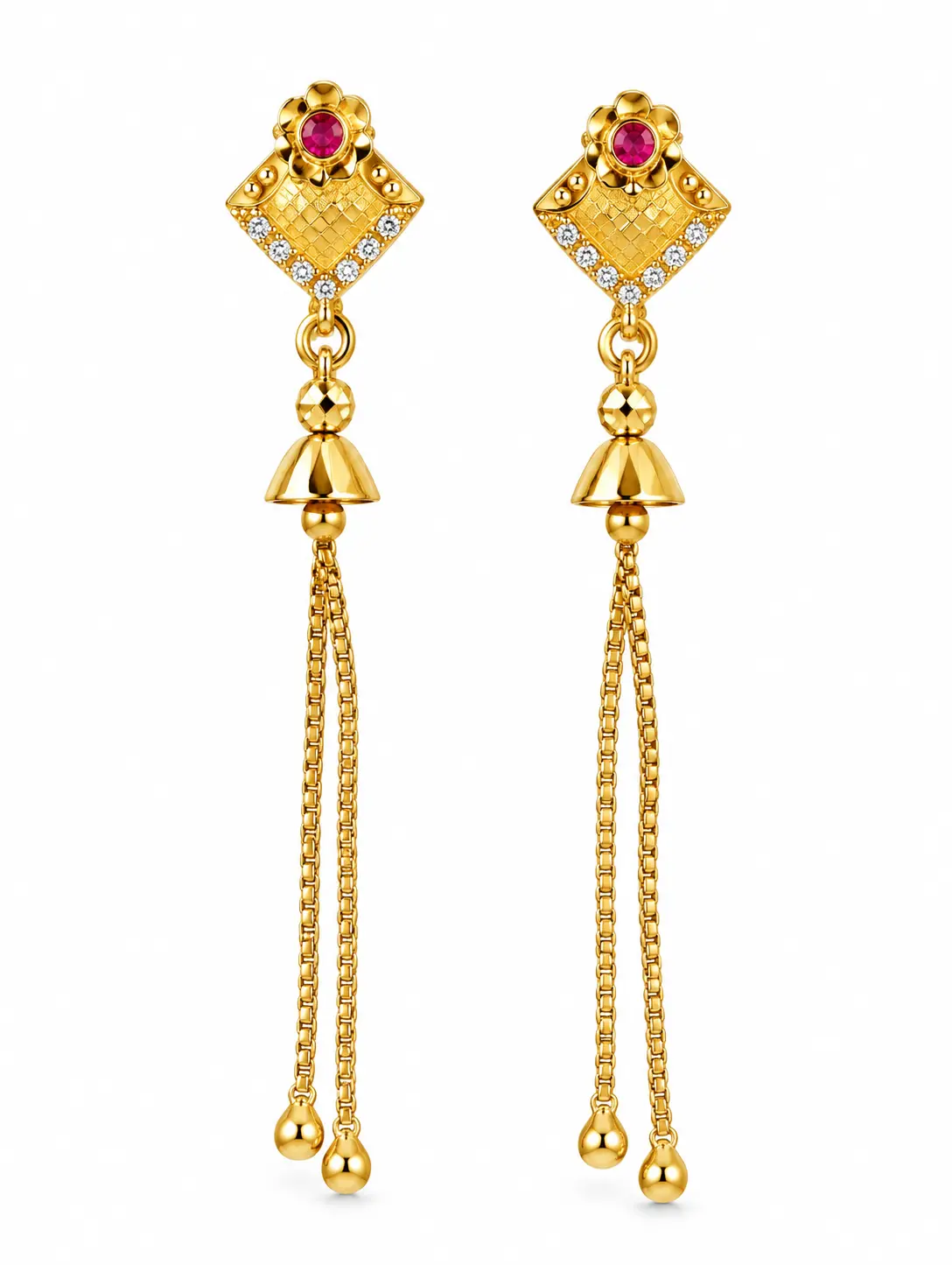 Gold Plated Jhumka Earrings for Women with Red Stone, Diamond Work & Long Chain Tassels – Traditional Designer Earrings