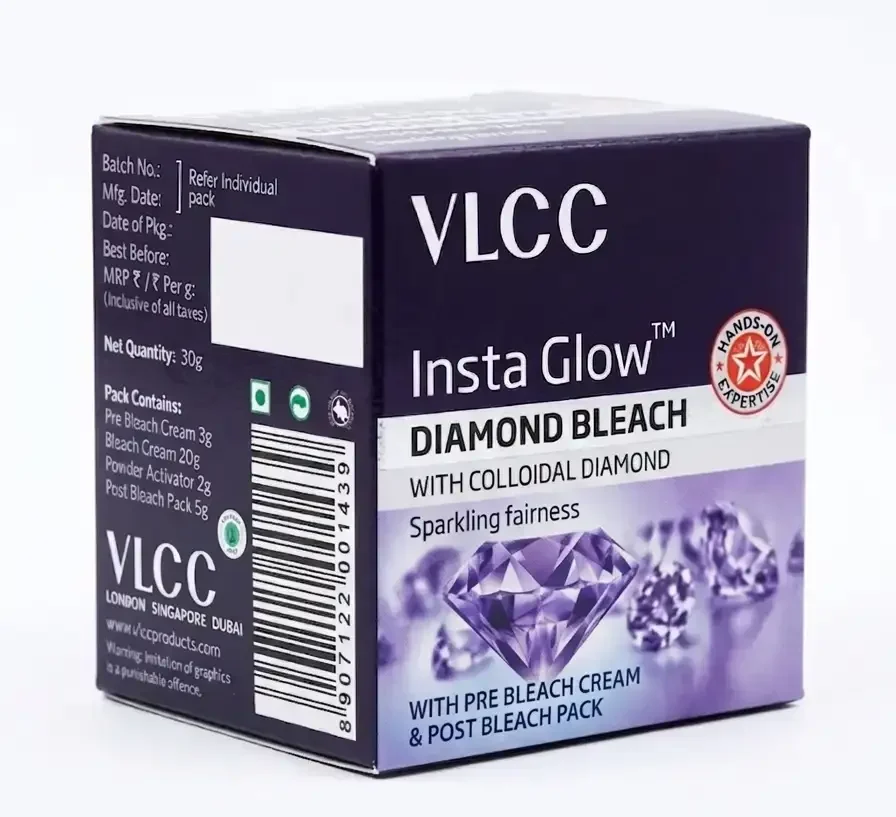 VLCC Insta Glow Diamond Bleach (30g) | With Pre-Bleach Cream & Post-Bleach Pack | For Instant Glow, Skin Brightening & Tan Removal