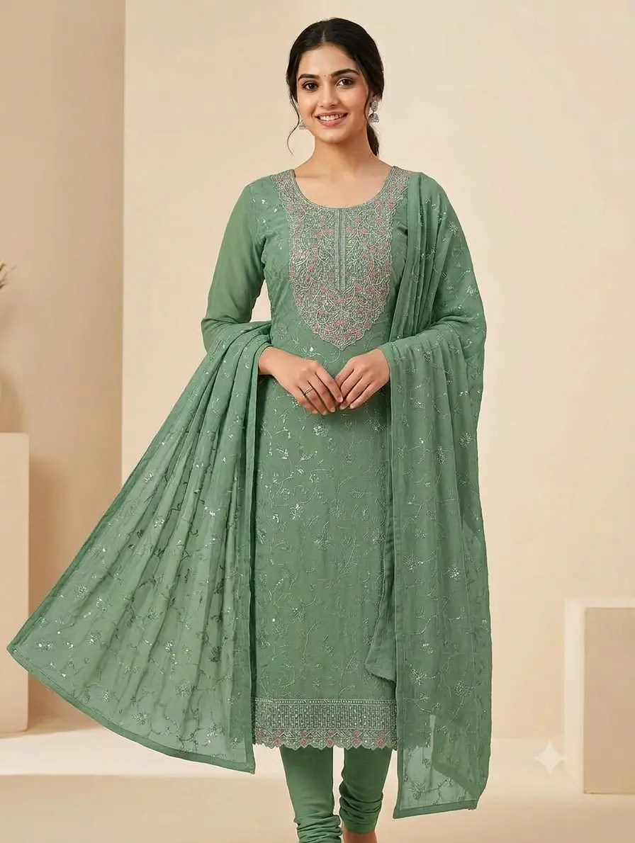 Sage Green Embroidered Suit Set with Pink Floral Work and Matching Bottom Fabric