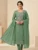 Sage Green Embroidered Suit Set with Pink Floral Work and Matching Bottom Fabric