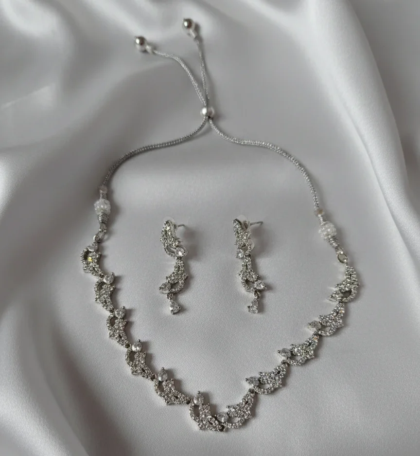 Elegant Rhodium-Plated Floral Zirconia Choker Set