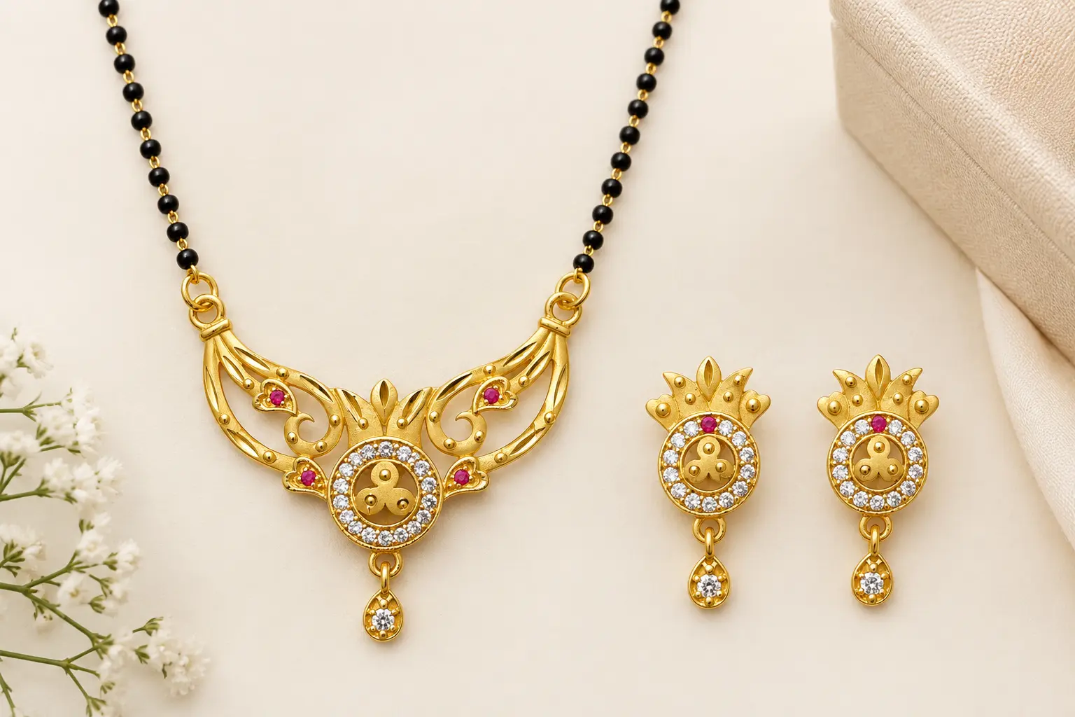 Gold Plated Mangalsutra with Earrings for Women – Traditional Black Beads Pendant Set